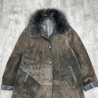 Vintage Suede Leather Coat with Detachable Fur - Large