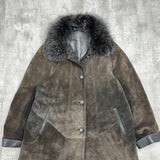 Vintage Suede Leather Coat with Detachable Fur - Large