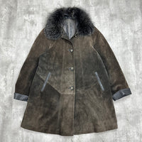Vintage Suede Leather Coat with Detachable Fur - Large